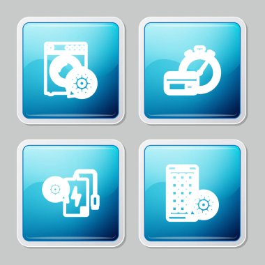 Hat çamaşır makinesi ayarı, hızlı ödemeler, güç bankası ve mobil uygulama simgesi. Vektör.