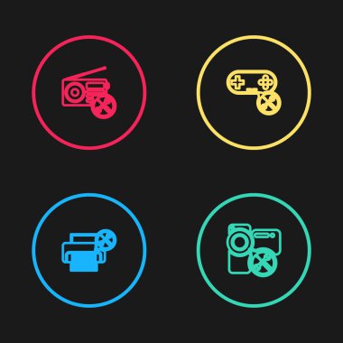 Satır yazıcı servisi, video kamera, Gamepad ve radyo simgesi ayarla. Vektör.