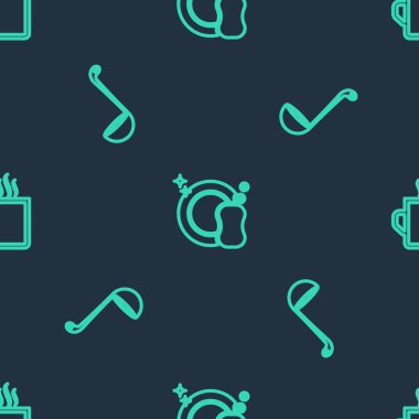 Bulaşık yıkama, mutfak kepçesi ve kahve fincanlarını kusursuz dizin. Vektör.