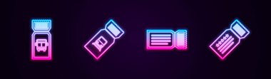 Otobüs bileti, tren, bilet ve bilet ayarlayın. Parlayan neon ikonu. Vektör.