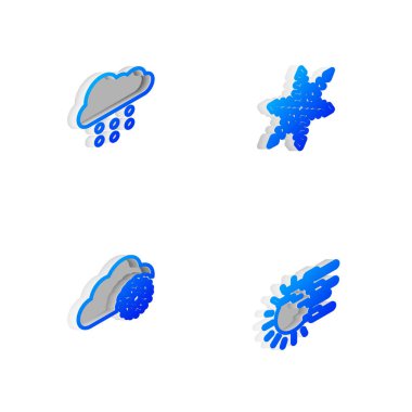 Isometric hattı Kar Tanesi 'ni, Karlı Bulut' u, Sis ve Güneş ikonunu ayarla. Vektör.