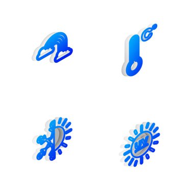Isometric hattı Meteoroloji termometresini, gökkuşağını bulutlu, güneşli, kar taneli ve ultraviyole koruma ikonlu ayarla. Vektör.