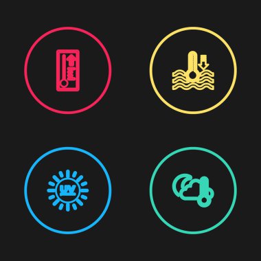 Hat UV koruması, termometre ve bulut, ay, su termometresi ve meteoroloji ikonu ayarlayın. Vektör.