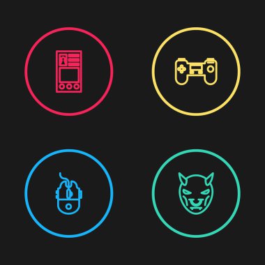 Satır satırı bilgisayar fare oyunu, boynuzlu şeytanın maskesi, Gamepad ve hesap ekranı simgesi oluştur. Vektör.
