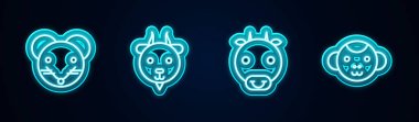 Rat Zodiac, Aries, Ox ve Monkey. Parlayan neon ikonu. Vektör.
