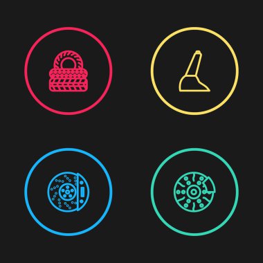 Araba fren diskini kalibre, el freni ve lastik ikonu ile ayarla. Vektör.