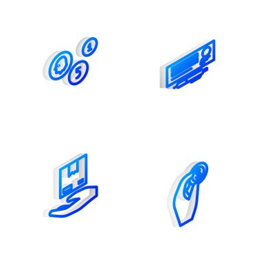 Isometric hattı banka çeki ve kalem, madeni para, kutularla teslimat eli ve madeni para simgesini ayarlayın. Vektör.