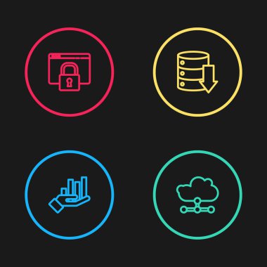 Satır Pie grafiği bilgisini, Ağ bulut bağlantısını, Sunucu, Veri, Web Sunucusu ve sitenizi HTTPS, SSL simgesi ile güvene alın. Vektör.