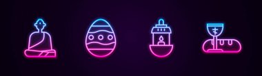 Budist keşiş, Paskalya yumurtası, Ramazan Kareem feneri ve ilk komünyon sembolleri. Parlayan neon ikonu. Vektör.