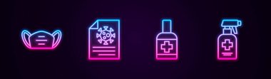 Tıbbi koruyucu maske, kan testi sonuçları, sıvı antibakteriyel sabun ve pano. Parlayan neon ikonu. Vektör