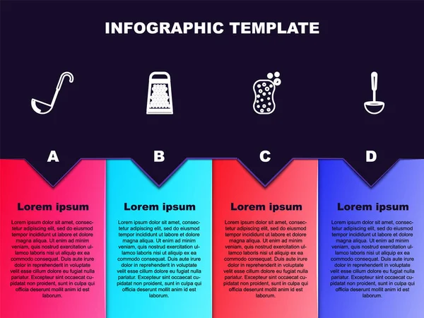 Linea Set Mestolo Cucina Grattugia Spugna Con Bolle Modello Infografica — Vettoriale Stock