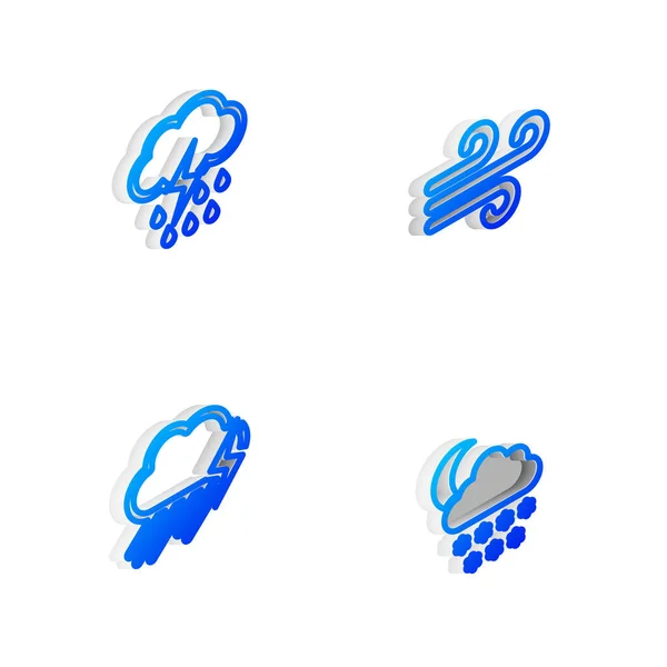 Set Isometric Line Wind Cloud Rain Lightning Snow Moon Icon — Stock Vector