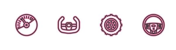 Набор Линии Спидометр Колесо Автомобиля Спортивное Рулевое Управление Значок Руля — стоковый вектор