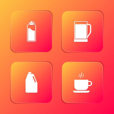 Spor şişesine su, bir bardak bira, ev yapımı kimyasallar ve kahve fincanı ikonu koyun. Vektör.