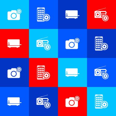 Fotoğraf makinesi ayarlarını, mobil uygulamaları, tost makinesini ve radyo simgesini ayarla. Vektör.