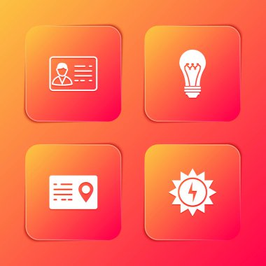 Kimlik kartı, ampul, adres defteri ve Güneş enerjisi simgesini ayarla. Vektör.