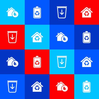 Çevre dostu ev, geri dönüşümlü pil, çöpe gönder ve ev geri dönüşüm ikonu. Vektör.