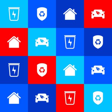 Şimşek 'i çöp tenekesi ile ayarla, kalkanın içini geri dönüştür, House ve Eco araba sürücüsü yaprak simgesi. Vektör.