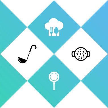 Mutfak kepçesi, kızartma tavası, çatallı ve kaşıklı şef şapkası ve çorba tenceresi ikonu. Vektör.