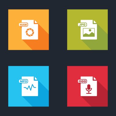 Ham dosya belgesini, JPG, MP3 ve OGG simgesini ayarla. Vektör.