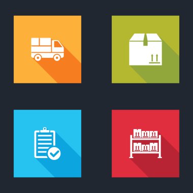 Kutularla teslimat kamyonu, karton trafiği teslimat listesi ve Depo simgesini onayla. Vektör.