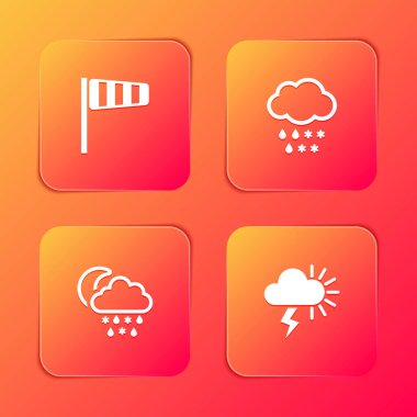 Koni rüzgâr gülünü, kar ve yağmurla bulutu, karı, yağmuru, ayı ve fırtına ikonunu ayarla. Vektör.