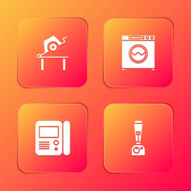 Tahta testeresi, çamaşır makinesi, ev içi iletişim sistemi ve Blender simgesi için ayarlayın. Vektör.