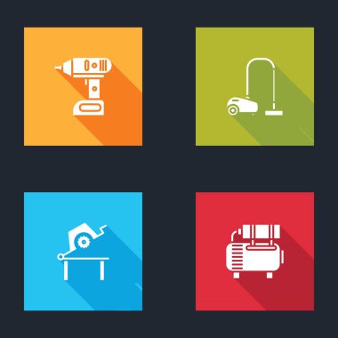 Elektrik kablosuz tornavida, elektrikli süpürge tahta işçiliği ve hava kompresör simgesi için testereyi ayarla. Vektör.