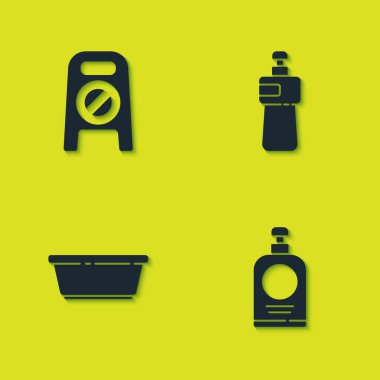 Yerleri ıslatın ve temizlik devam ediyor, el dezenfektanı şişesi, plastik leğen ve bulaşık deterjanı. Vektör.