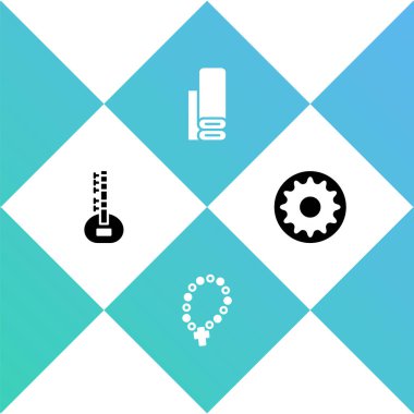 Set Sitar, tespih, din, Hint tekstil kumaşı ve çakra ikonu. Vektör.