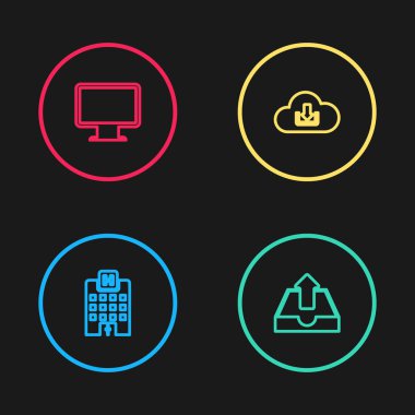 Hat hattı tıbbi hastane binası, gelen kutuları yükleme, bulut indirme ve bilgisayar monitör simgesi. Vektör.