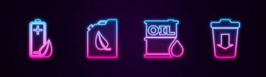 Eko doğa yaprağı ve bataryasını, biyo yakıt bidonunu, yağ varilini ayarlayın ve çöpe gönderin. Parlayan neon ikonu. Vektör.