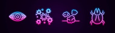 Kırmızı göz alerjik konjonktivit, bakteri, toz ve parazit akarları. Parlayan neon ikonu. Vektör.