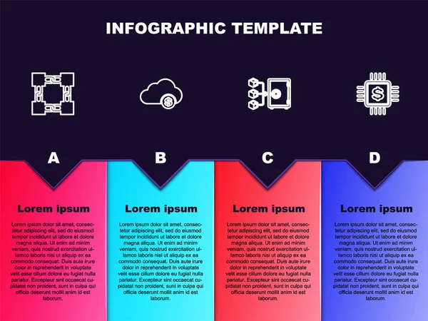 设置行封锁链技术 加密货币云挖掘 股权证明和美元处理器芯片 业务信息模板 — 图库矢量图片