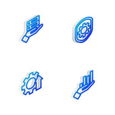 Isometric line Shield 'i ayarlama teçhizatı, Sunucu, Veri, Web Sunucusu, Ok büyütme ve Pie grafiksel simgesi ile ayarla. Vektör.