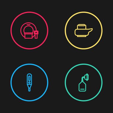 Tıbbi termometreyi, oksijen maskesini, lazımlığı ve tomografi ikonunu ayarla. Vektör.