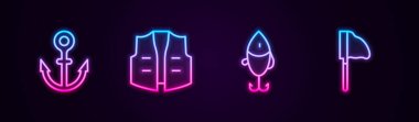Demir atma halatı, balıkçı ceketi, balık yemi ve ağ. Parlayan neon ikonu. Vektör