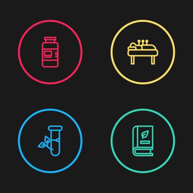 Laboratuvar cam ve yaprakları, tıp kitabı, akupunktur terapisi ve Kolajen serumu ikonu. Vektör