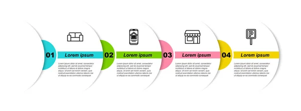 Set Line Sofa Online Vastgoed Huis Marktwinkel Parking Bedrijfsinfographic Sjabloon — Stockvector