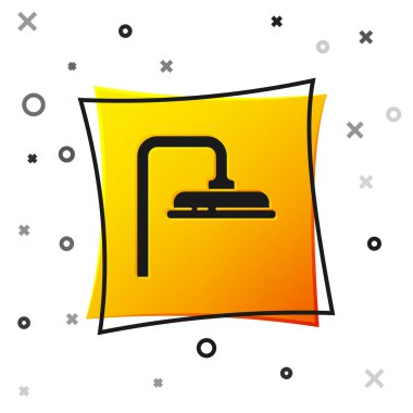 Beyaz zemin üzerinde su damlaları akan siyah duş başlığı izole edilmiş. Sarı kare düğme. Vektör İllüstrasyonu.