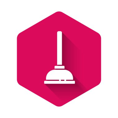 Boru temizleme ikonu için ahşap saplı, uzun gölgeli, beyaz kauçuk pompa. Tuvalet pompası. Pembe altıgen düğmesi. Vektör İllüstrasyonu.