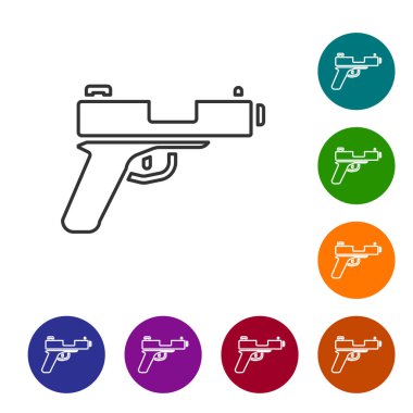 Siyah çizgi tabanca ya da silah ikonu beyaz arkaplanda izole edilmiş. Polis ya da askeri silah. Küçük ateşli silah. Simgeleri renk daire düğmelerine ayarla. Vektör.