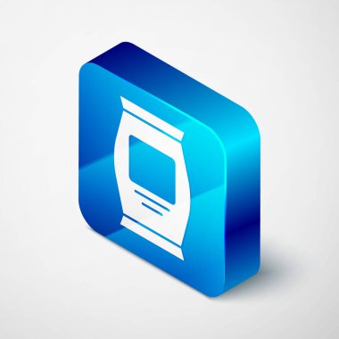 Isometric gübre poşeti simgesi gri arkaplanda izole edildi. Mavi kare düğme. Vektör.