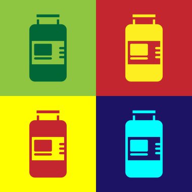 Pop Art Collagen serumu ve vitamin ikonu renkli arka planda izole edilmiş. Yüz bakımı esansı cilt bakımı kozmetiği. Vektör.