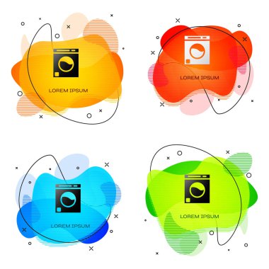 Siyah çamaşır makinesi simgesi beyaz arkaplanda izole edilmiş. Çamaşır makinesi simgesi. Çamaşır makinesi, çamaşır makinesi. Ev aletleri sembolü. Sıvı şekilli soyut pankart. Vektör.