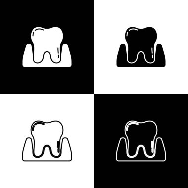 Diş simgesini siyah beyaz arkaplanda izole et. Diş hekimliği kliniği veya diş hekimliği merkezi ve diş macunu paketi için diş sembolü. Vektör.