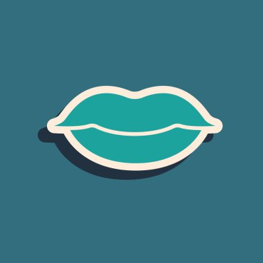 Yeşil arkaplanda izole edilmiş gülümseyen dudak simgesi. Gülümse. Uzun gölge tarzı. Vektör.