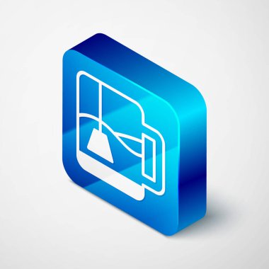 Gri arka planda izole edilmiş çay poşeti ikonu olan Isometric Cup çayı. Mavi kare düğme. Vektör.