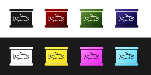 Set Canned Fish Icon Isolated Black White Background Vector — Stock Vector