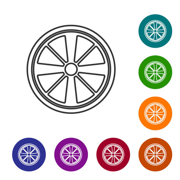 Black line Alloy wheel for a car icon isolated on white background. Set icons in color circle buttons. Vector.